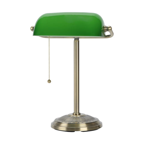 BNYFDC Bankers Lamp on desk with brass base and warm glow