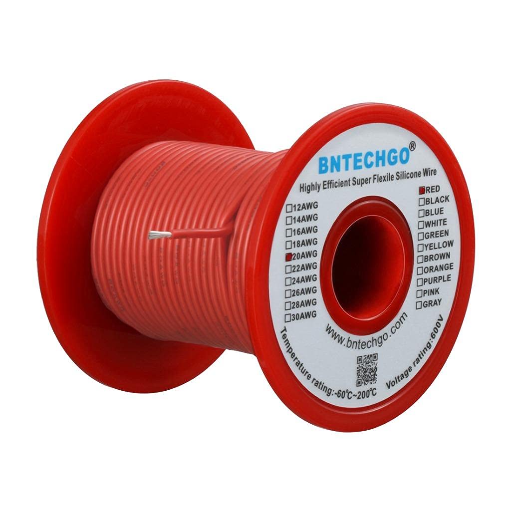 BNTECHGO 20 AWG silicone wire spool red close up showing flexible copper strands for reliable soldering