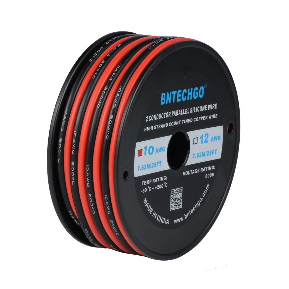 BNTECHGO 10 AWG red-black silicone wire spool for durable, high-current LED extensions