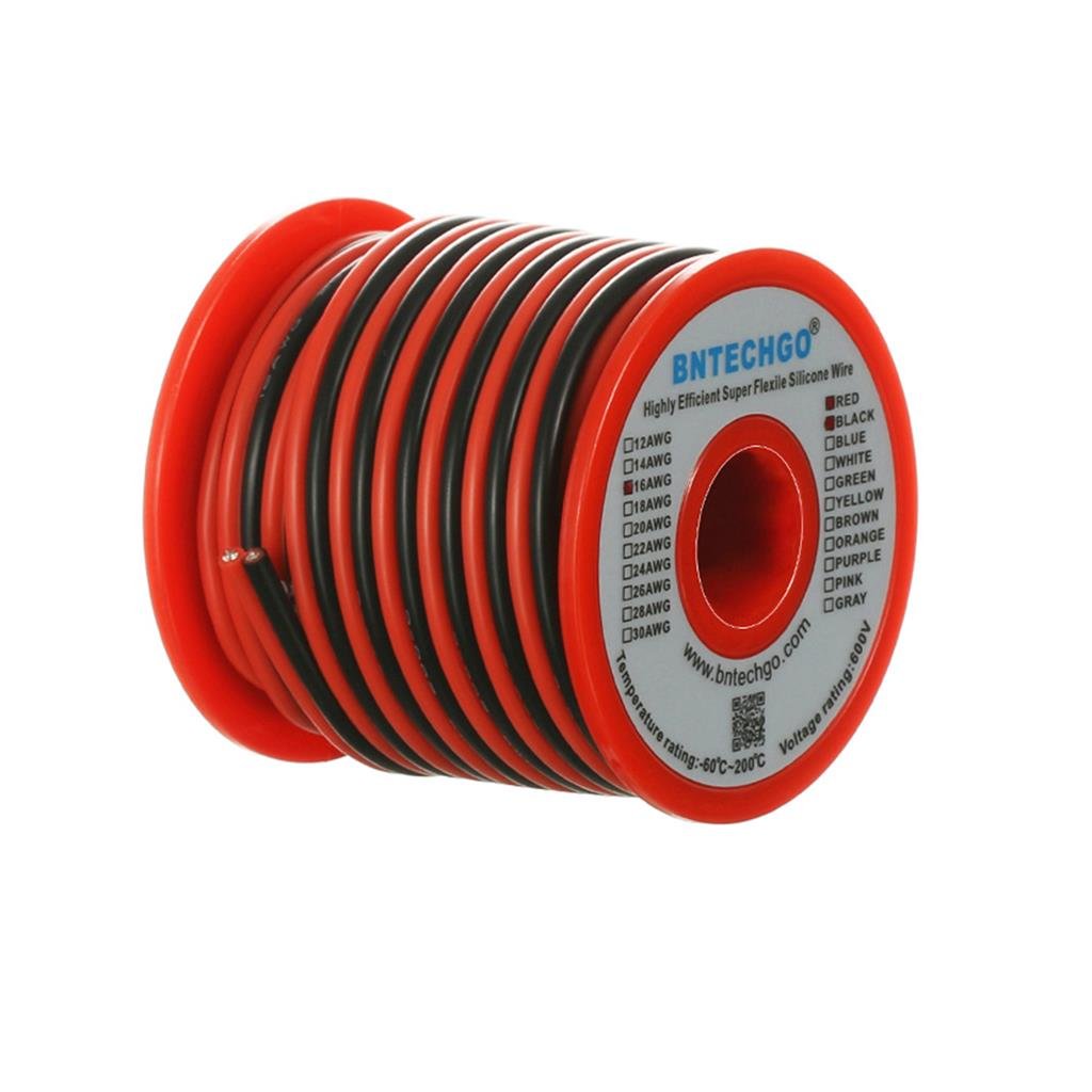 BNTECHGO 16 AWG red-black parallel silicone wire spool for LED strip extensions.
