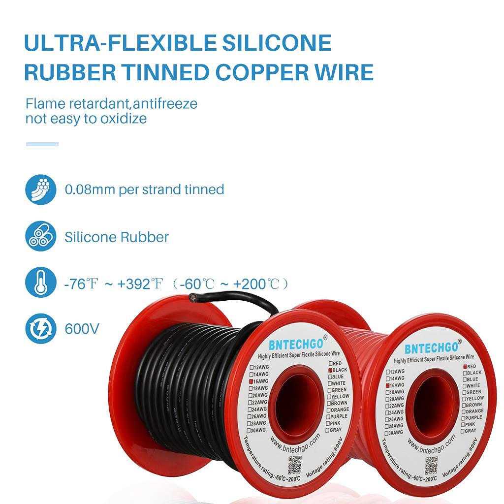 BNTECHGO 16g silicone wire black spool 50ft ideal for hidden wiring