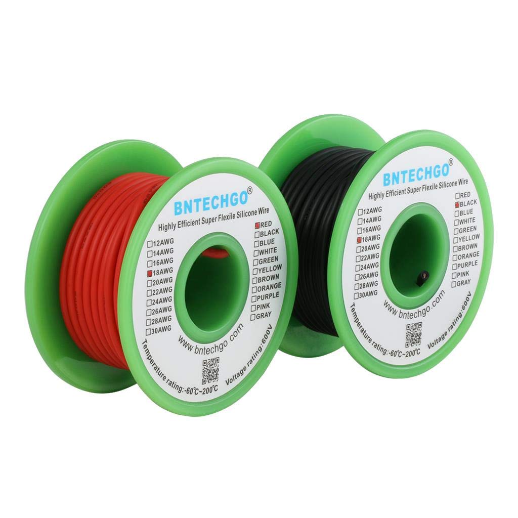 BNTECHGO 18 AWG silicone wire black spool; durable insulation for electronics builds.
