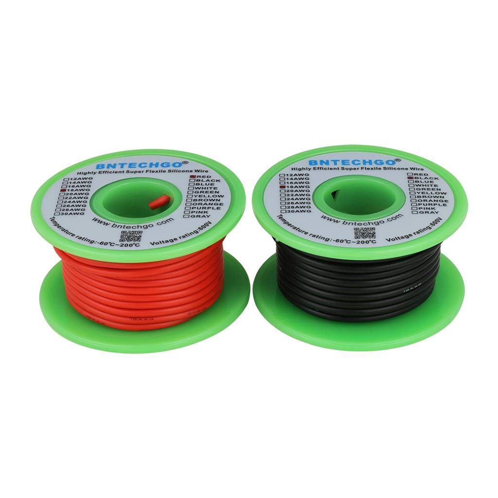 BNTECHGO 18 AWG silicone wire red spool; flexible, high-temp readiness for model projects.
