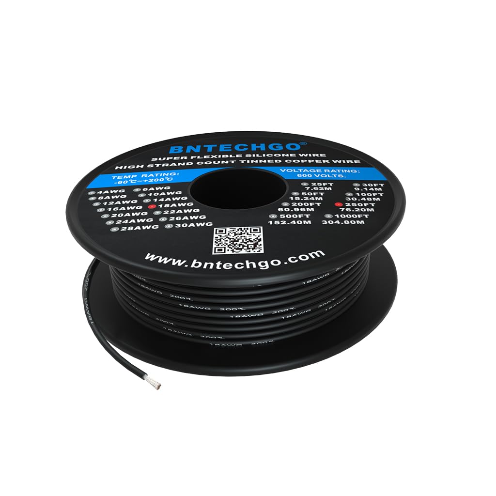 BNTECHGO 18 AWG silicone wire spool with black insulation, ideal for model projects and flexible wiring.