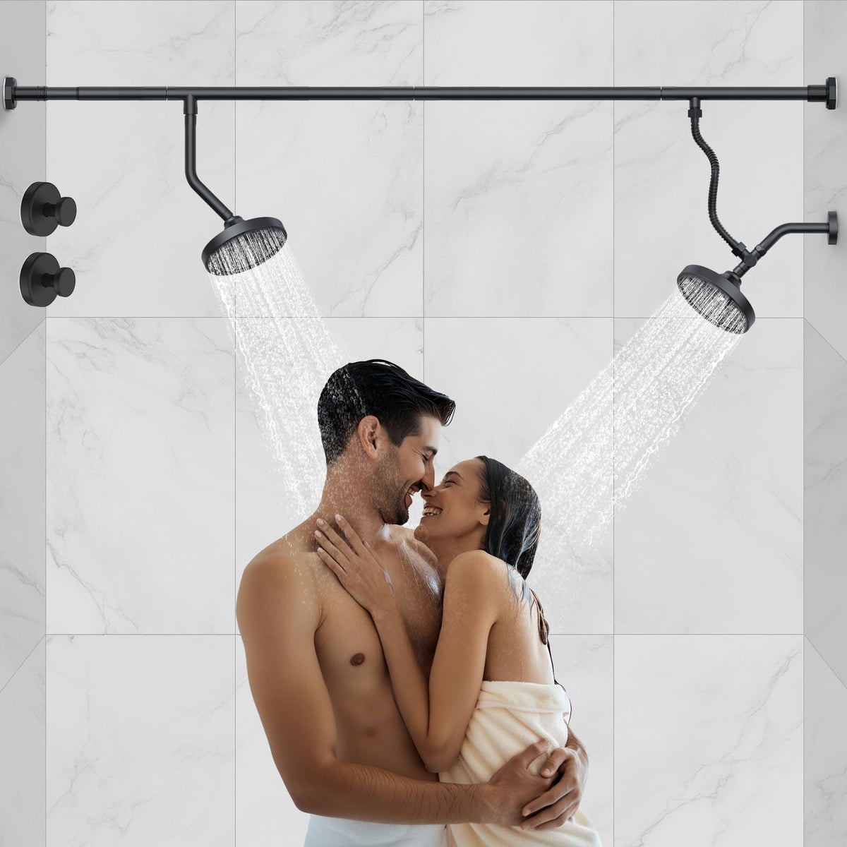 Bntuk dual shower head in midnight black for shared showers.