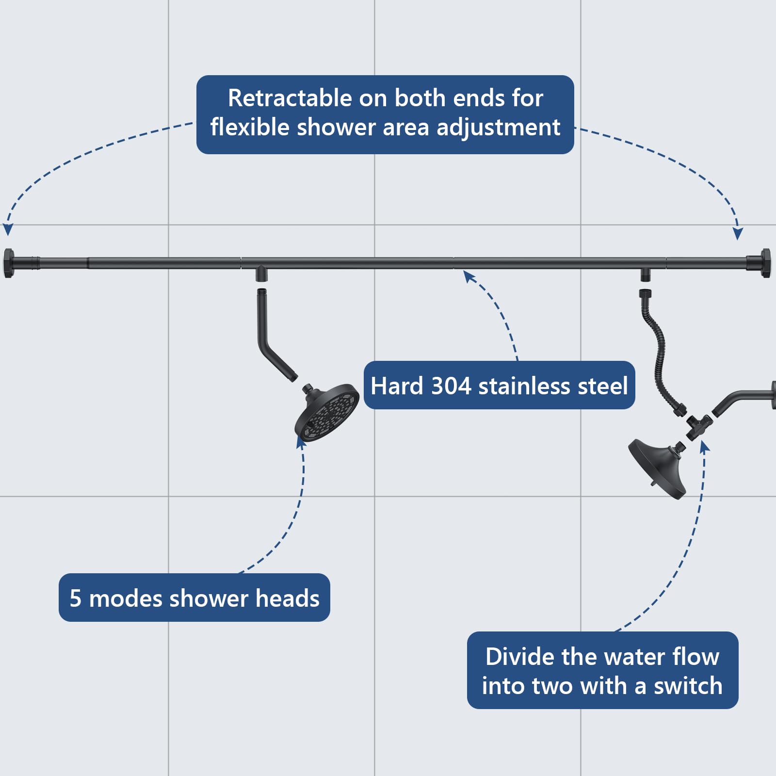 Bntuk telescoping rod extends from 56 to 76 inches for most showers.