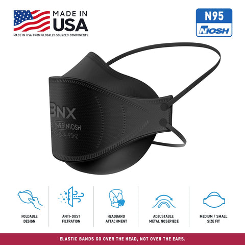 BNX N95 mask black breathable filtration with meltblown layers for comfort.