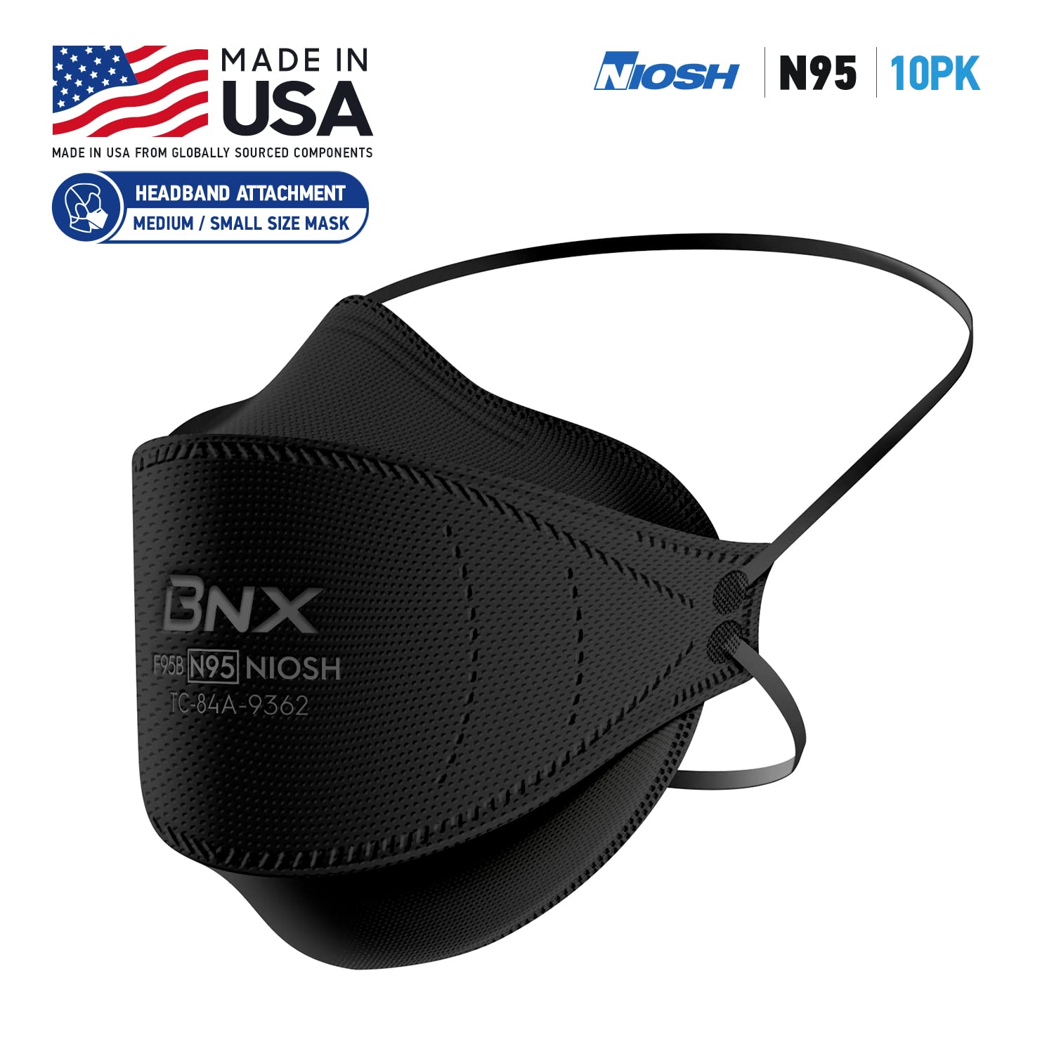 BNX N95 mask black headband over head for secure, latex-free comfort.
