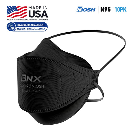 BNX N95 mask black headband over head for secure, latex-free comfort.
