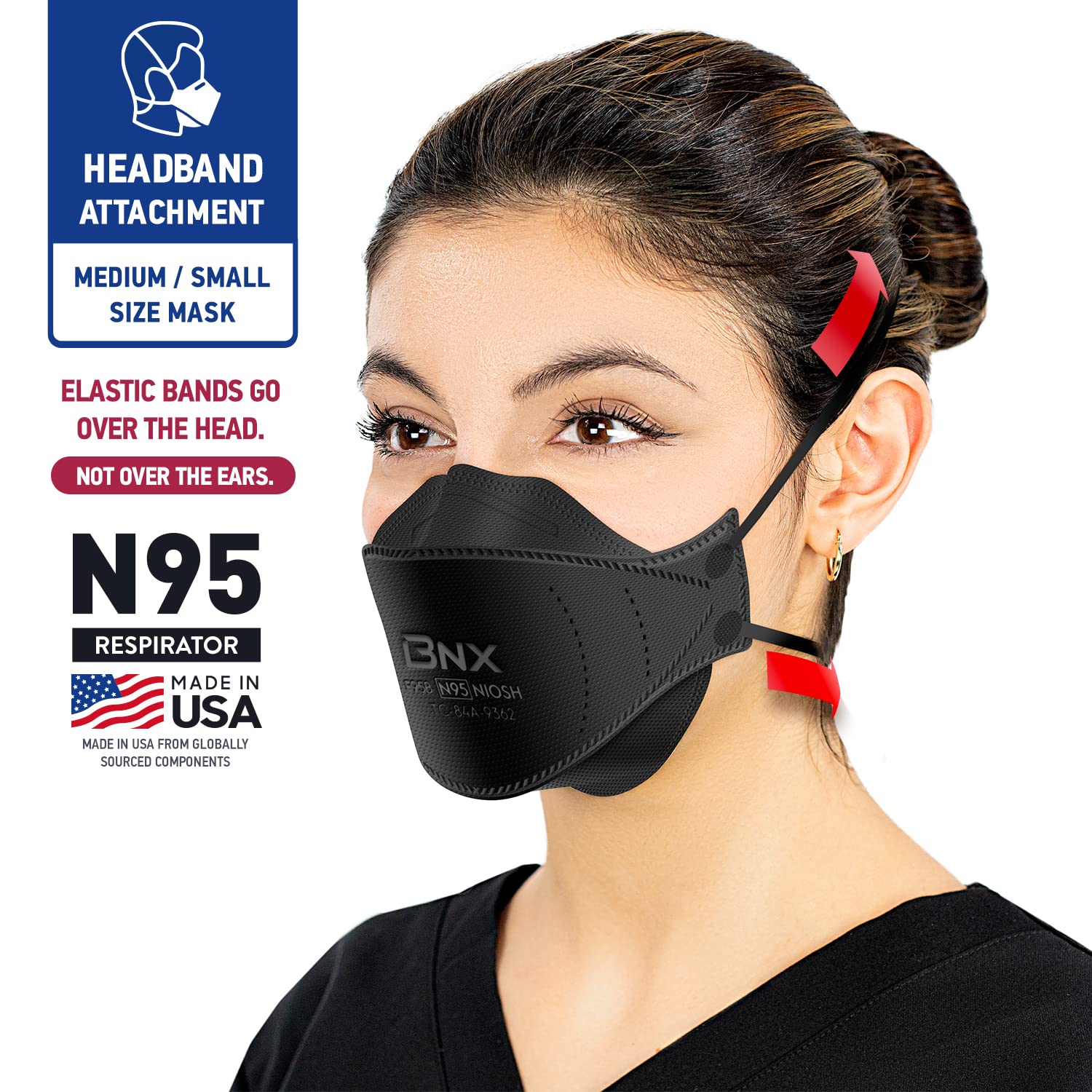 BNX N95 mask black nose clip adjusted for snug seal and reduced fog.