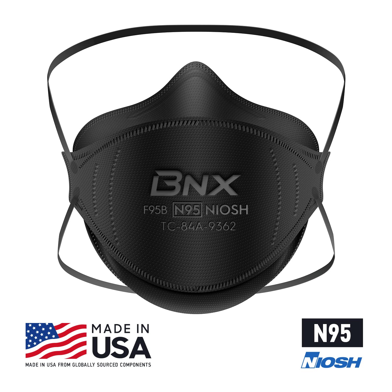 BNX N95 mask black adjustable fit for secure performance during tasks.