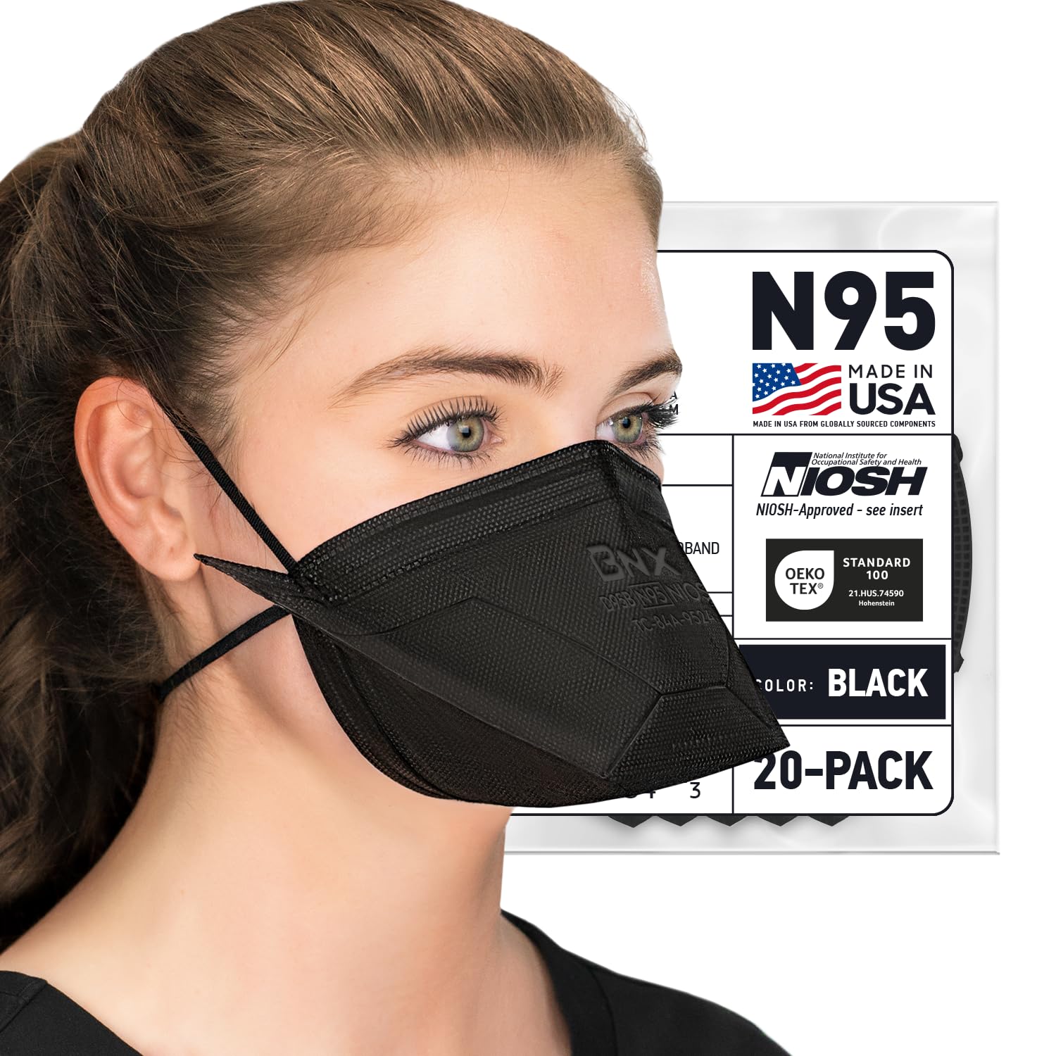 BNX N95 duckbill mask front view shows full face coverage and secure fit.