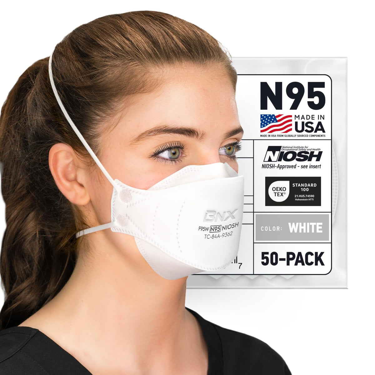 BNX N95 mask tri-fold for secure seal and comfortable all-day wear.