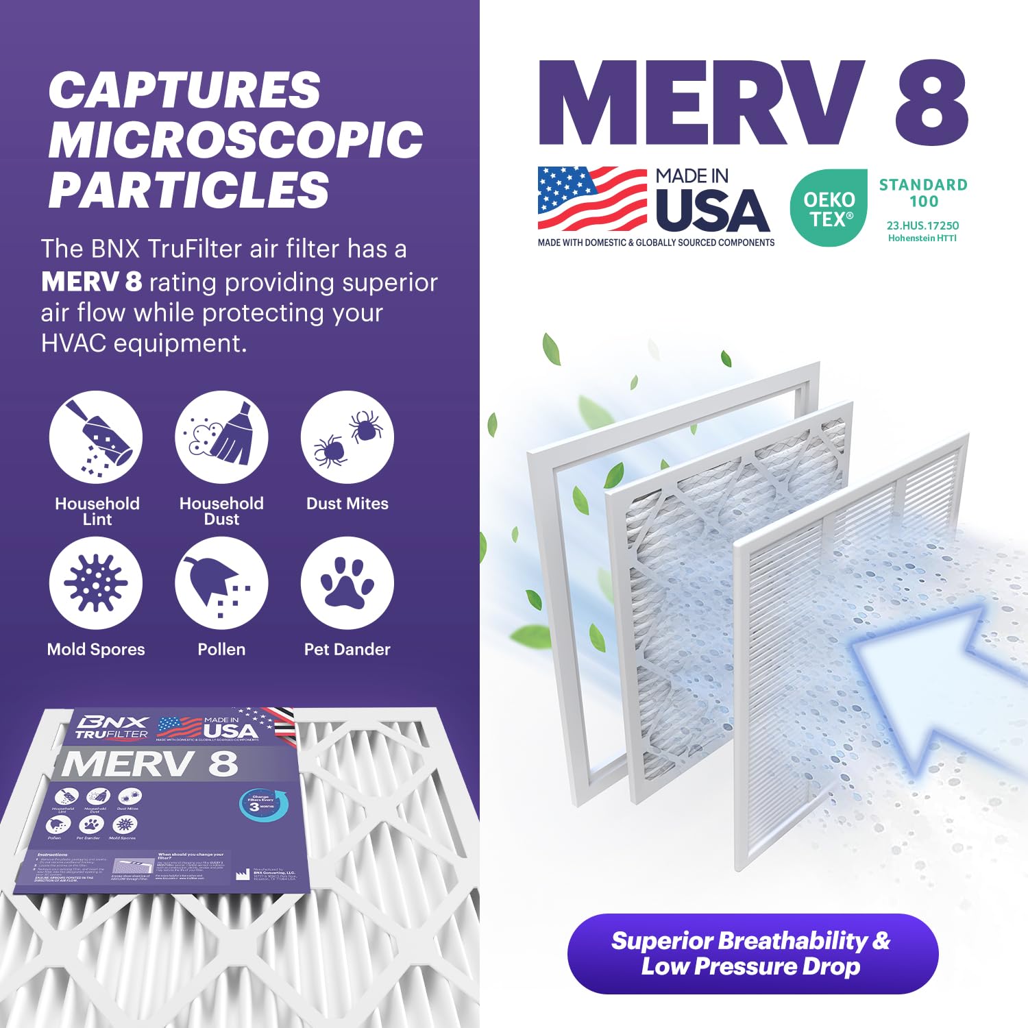 BNX TruFilter media detail shows electrostatic filtration layers for efficiency.