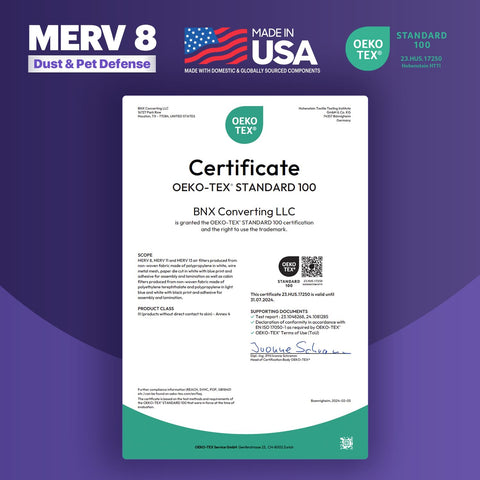 BNX TruFilter MERV 8 media detail noting broad particle capture.