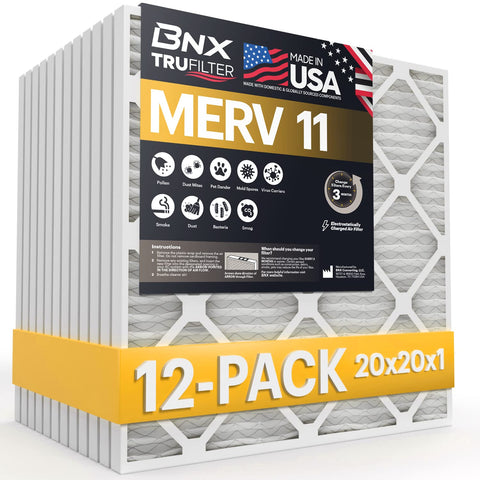 BNX TruFilter 20x20x1 packaging shows USA-made, eco-friendly frame design