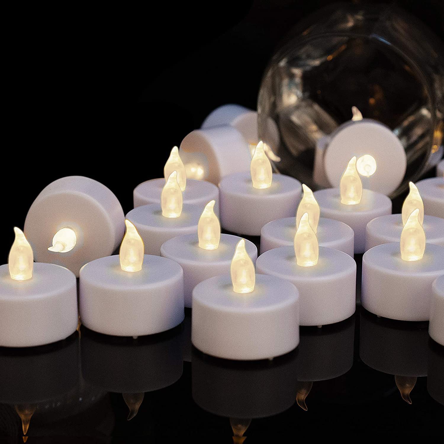 Boakboary tea lights flameless 50-pack creating cozy ambient glow.