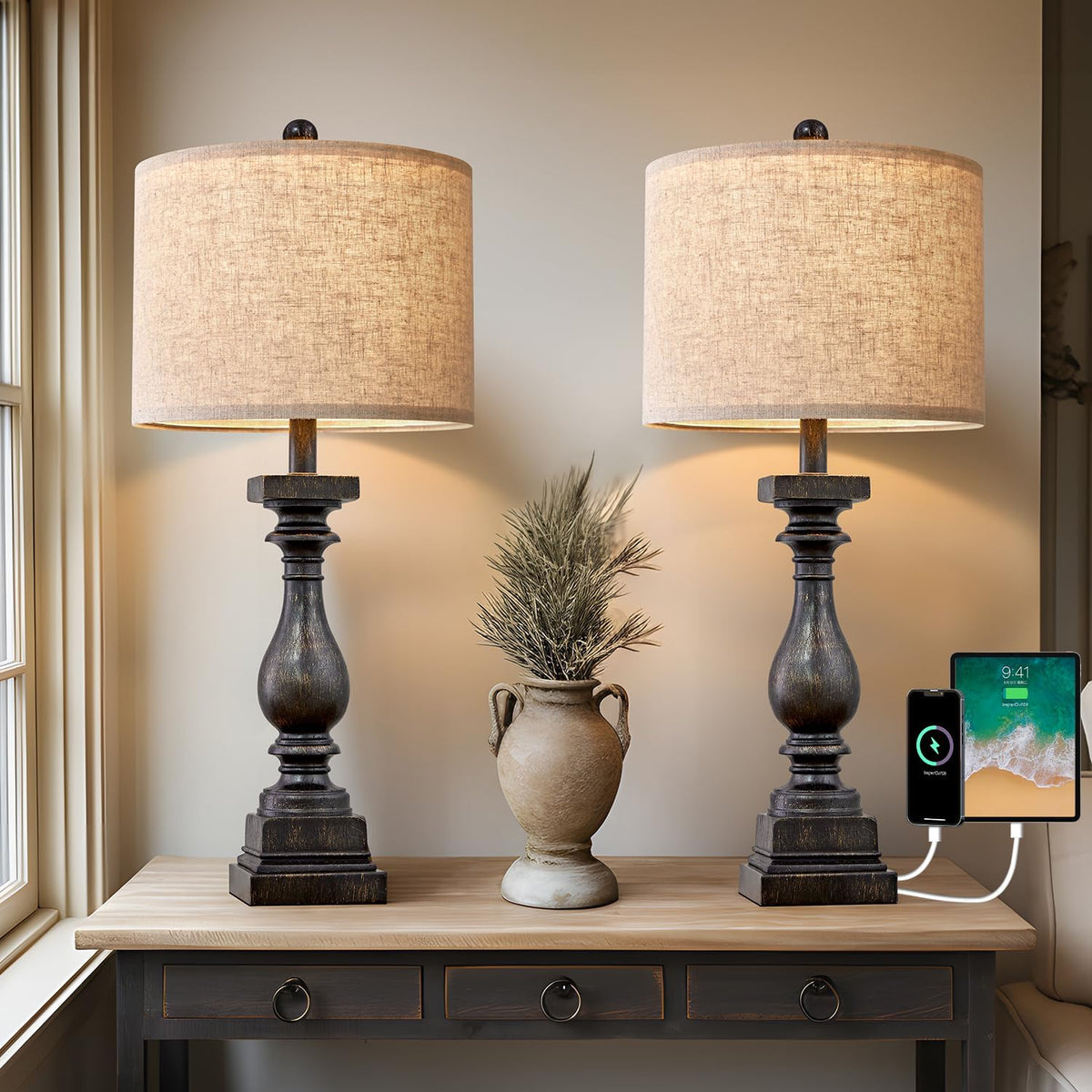 BOBOMOMO 27-inch farmhouse lamp pair with USB charging base for devices