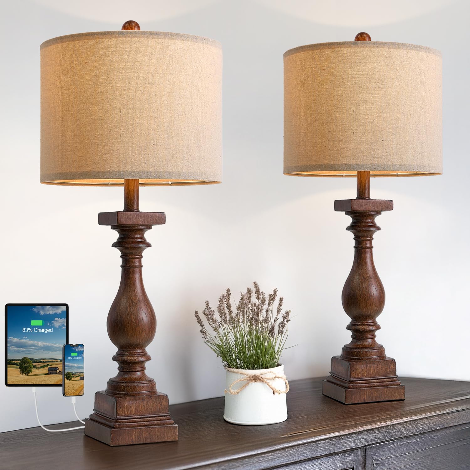BOBOMOMO 27-inch farmhouse lamps with linen shade for elegant living room decor