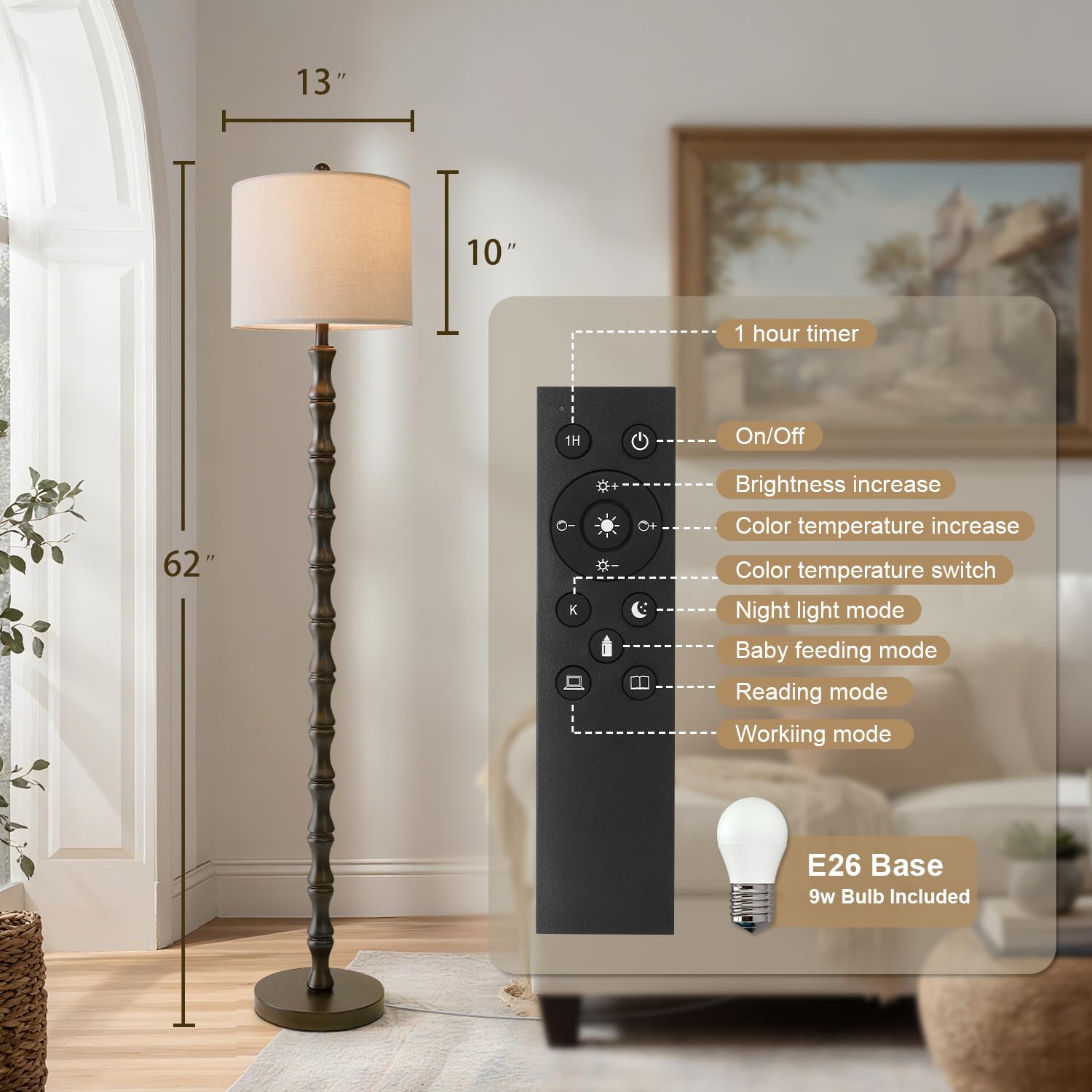 BOBOMOMO 62-inch lamp with 3 color temps for mood lighting.