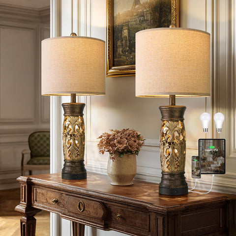 BOBOMOMO antique gold table lamps pair enhances bedside ambiance.