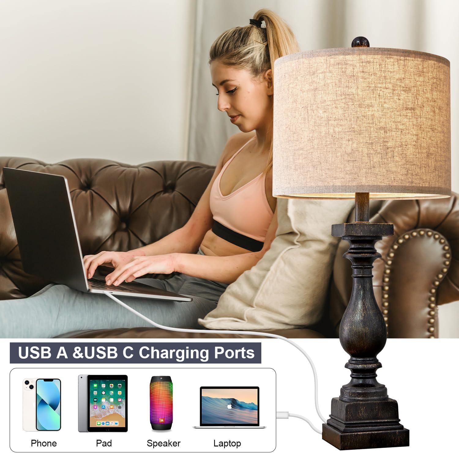 BOBOMOMO bedside lamp on a nightstand creates warm bedroom ambience.