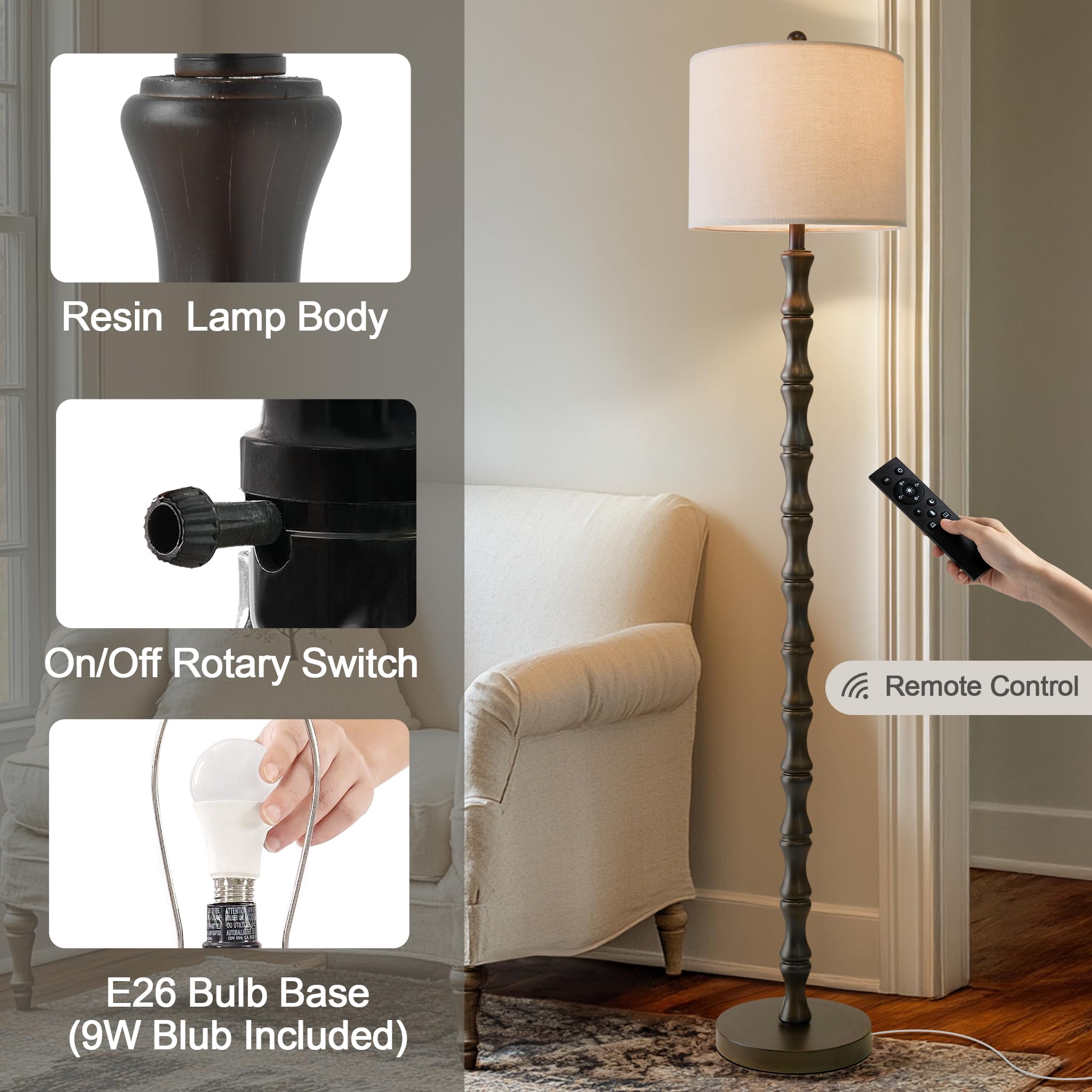 BOBOMOMO floor lamp with remote and dimming for flexible lighting.