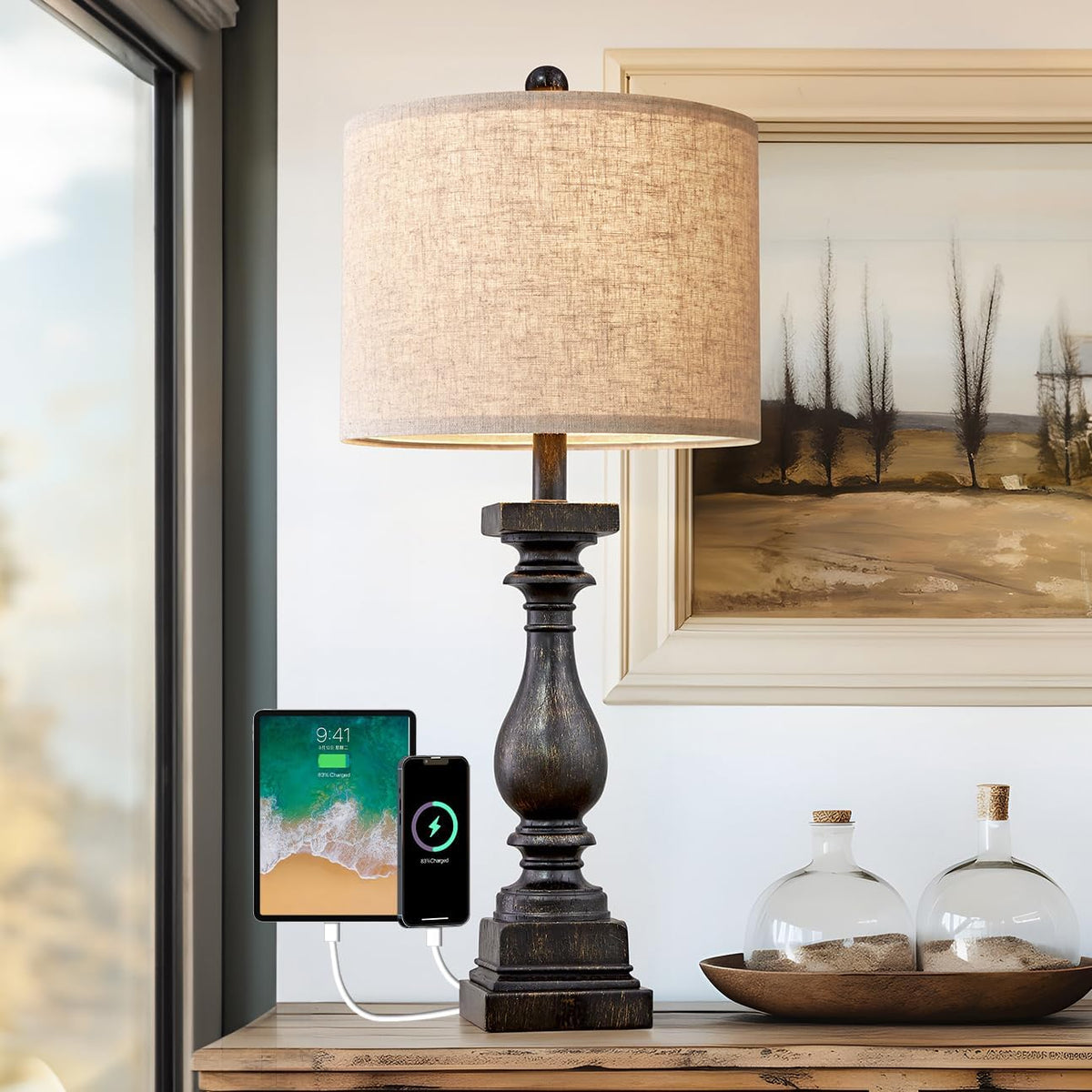BOBOMOMO retro 27-inch lamp base with USB ports for convenient charging.
