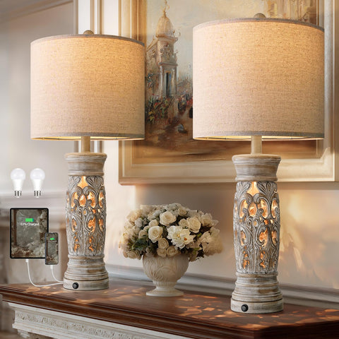 BOBOMOMO rustic table lamp set close-up showcases distressed finish for a cozy cottage look.
