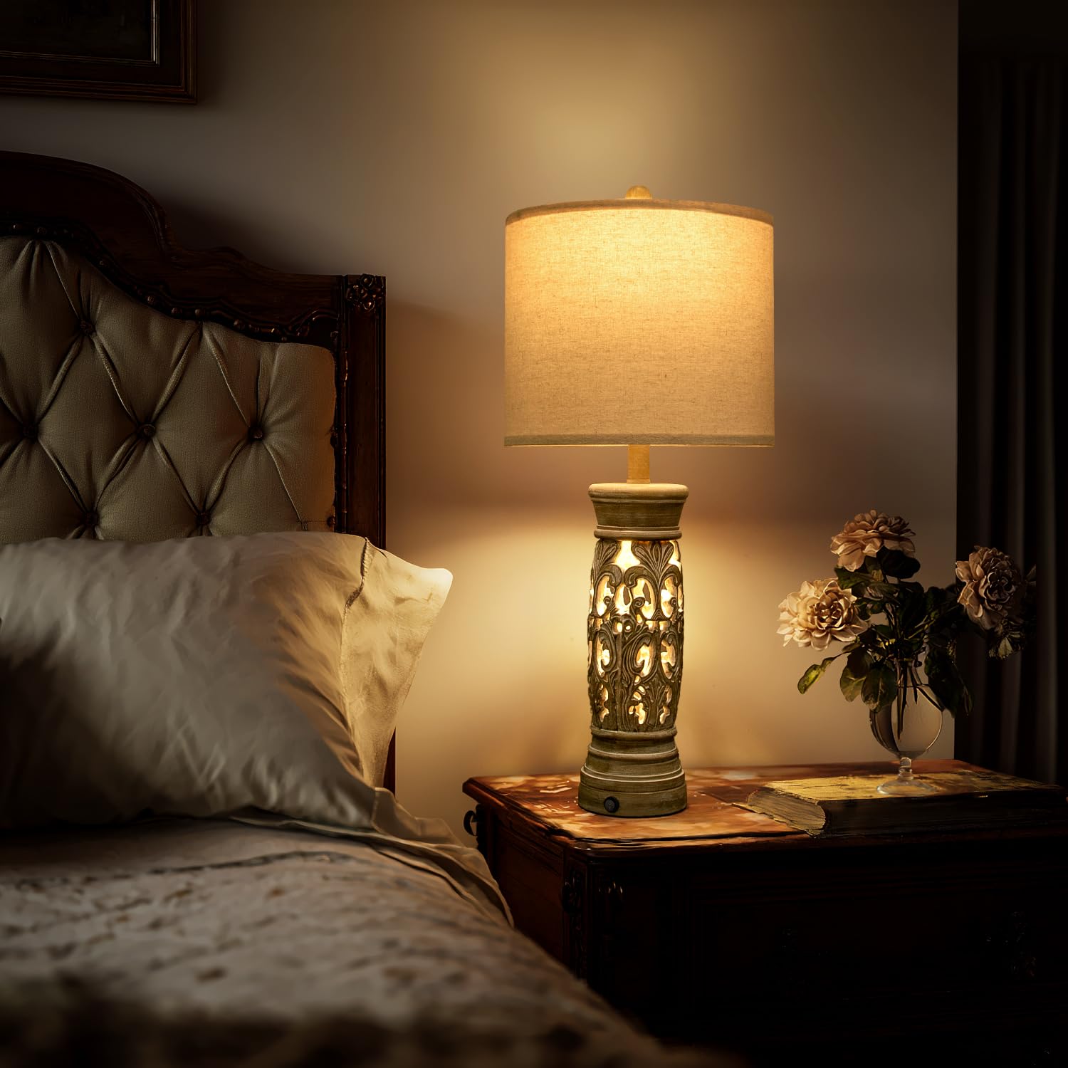 BOBOMOMO rustic table lamps night-light panel demonstrates soft glow ideal for bedrooms.