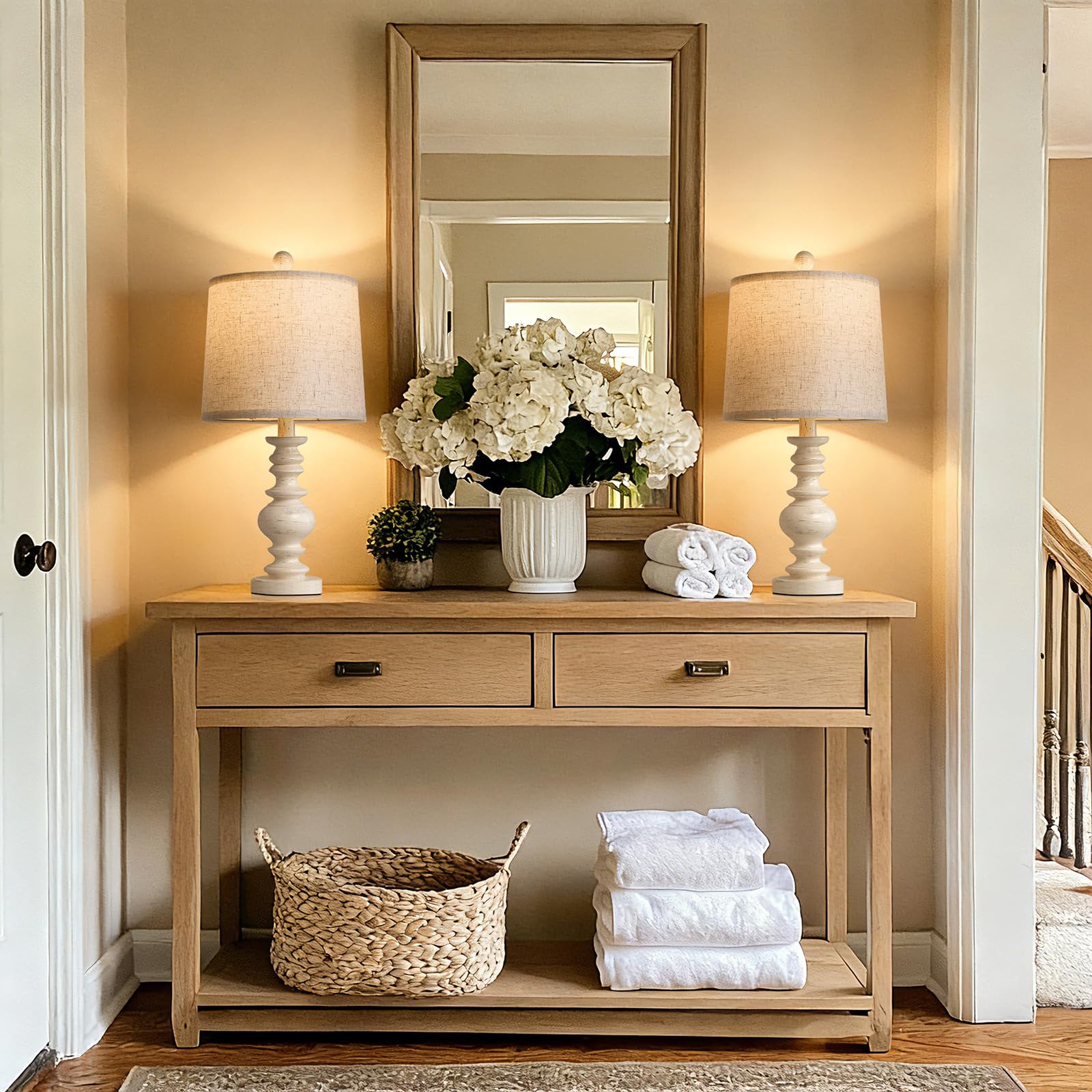 Antique white resin base with stripes complements compact spaces.