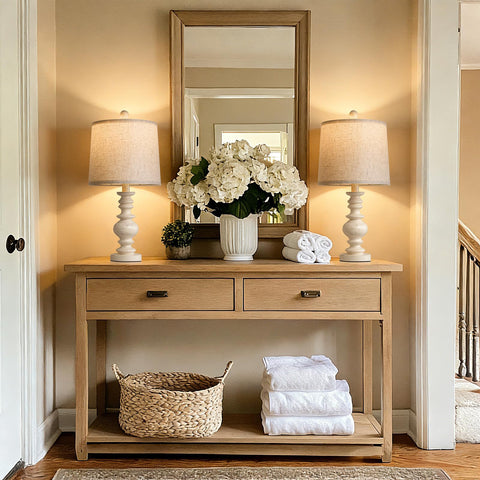 Antique white resin base with stripes complements compact spaces.