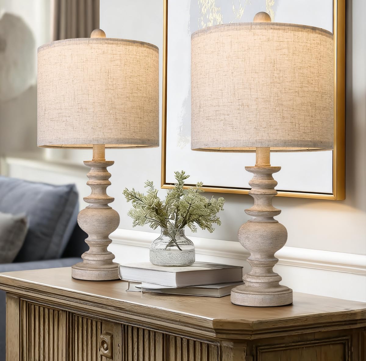 BOBOMOMO Tradition 20-inch rustic lamps on a living room table with warm, inviting light.