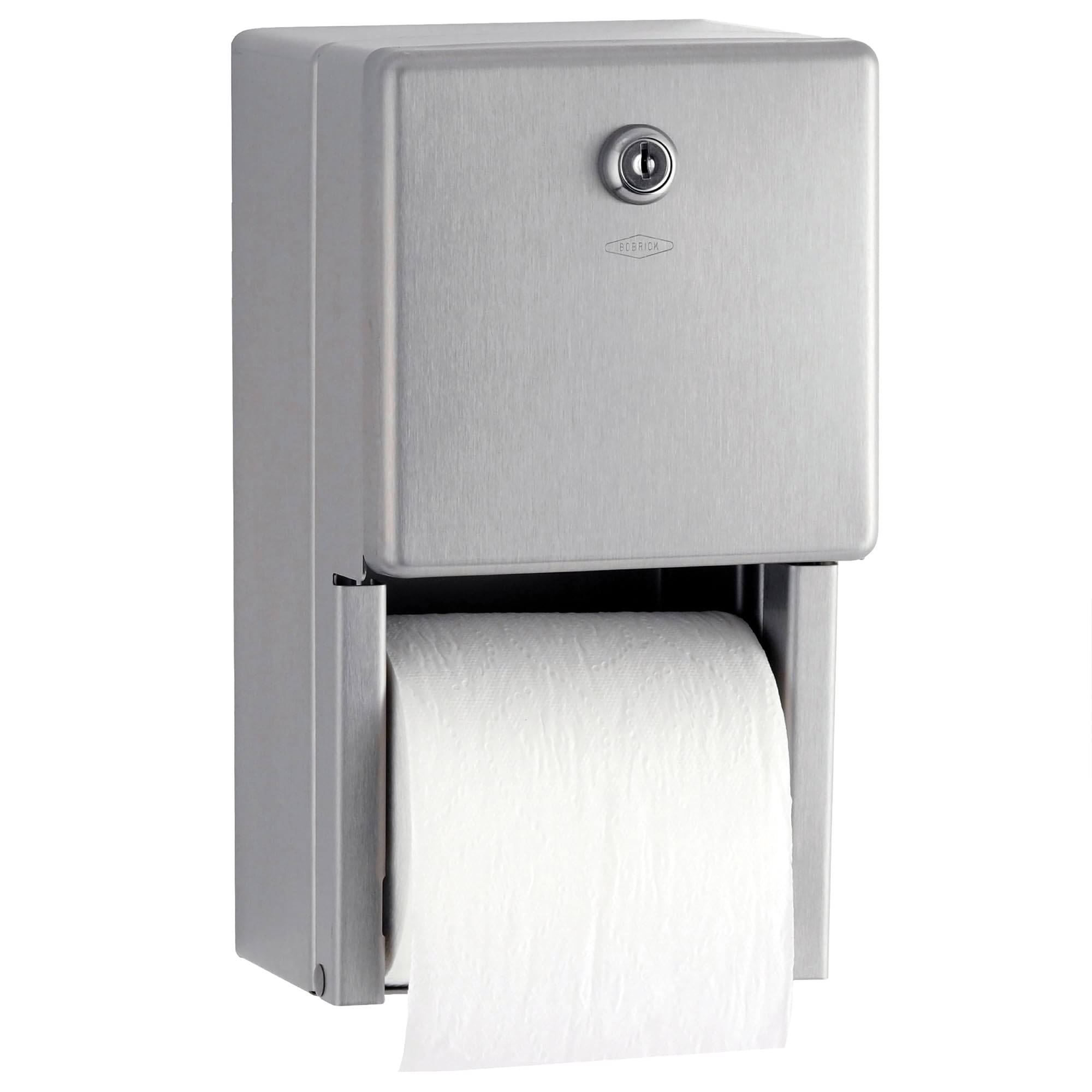 Bobrick B-2888 front view in satin stainless steel showing dual-roll capacity for continuous tissue supply.