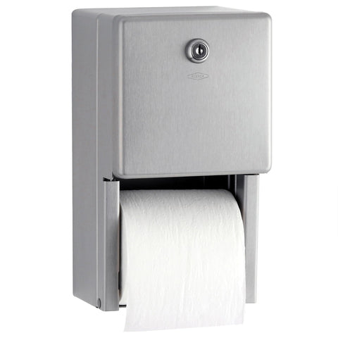 Bobrick B-2888 front view in satin stainless steel showing dual-roll capacity for continuous tissue supply.
