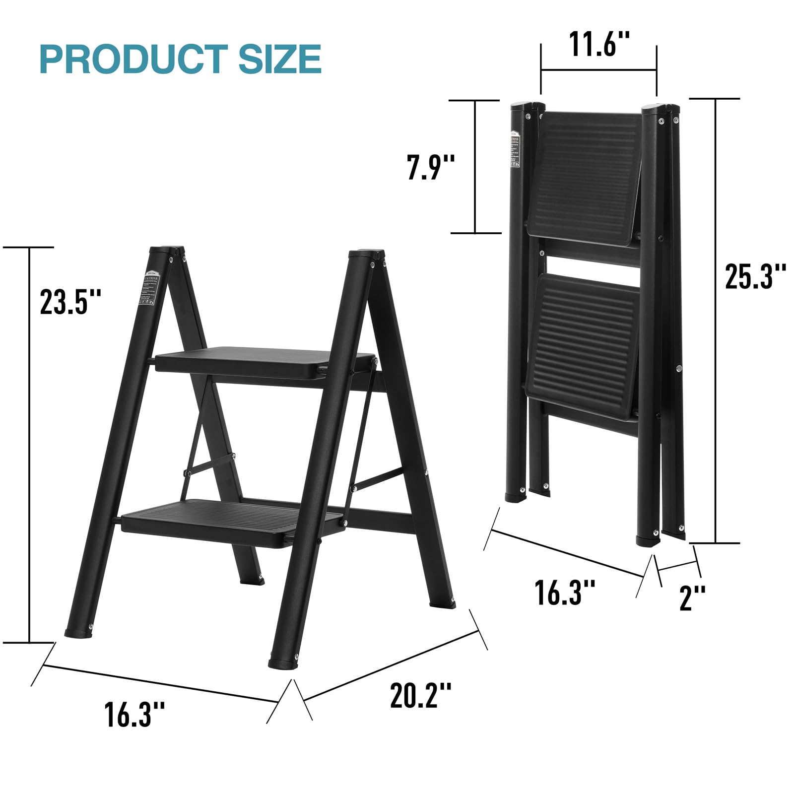BOCOM 2-step ladder anti-slip feet protect floors and prevent slips.