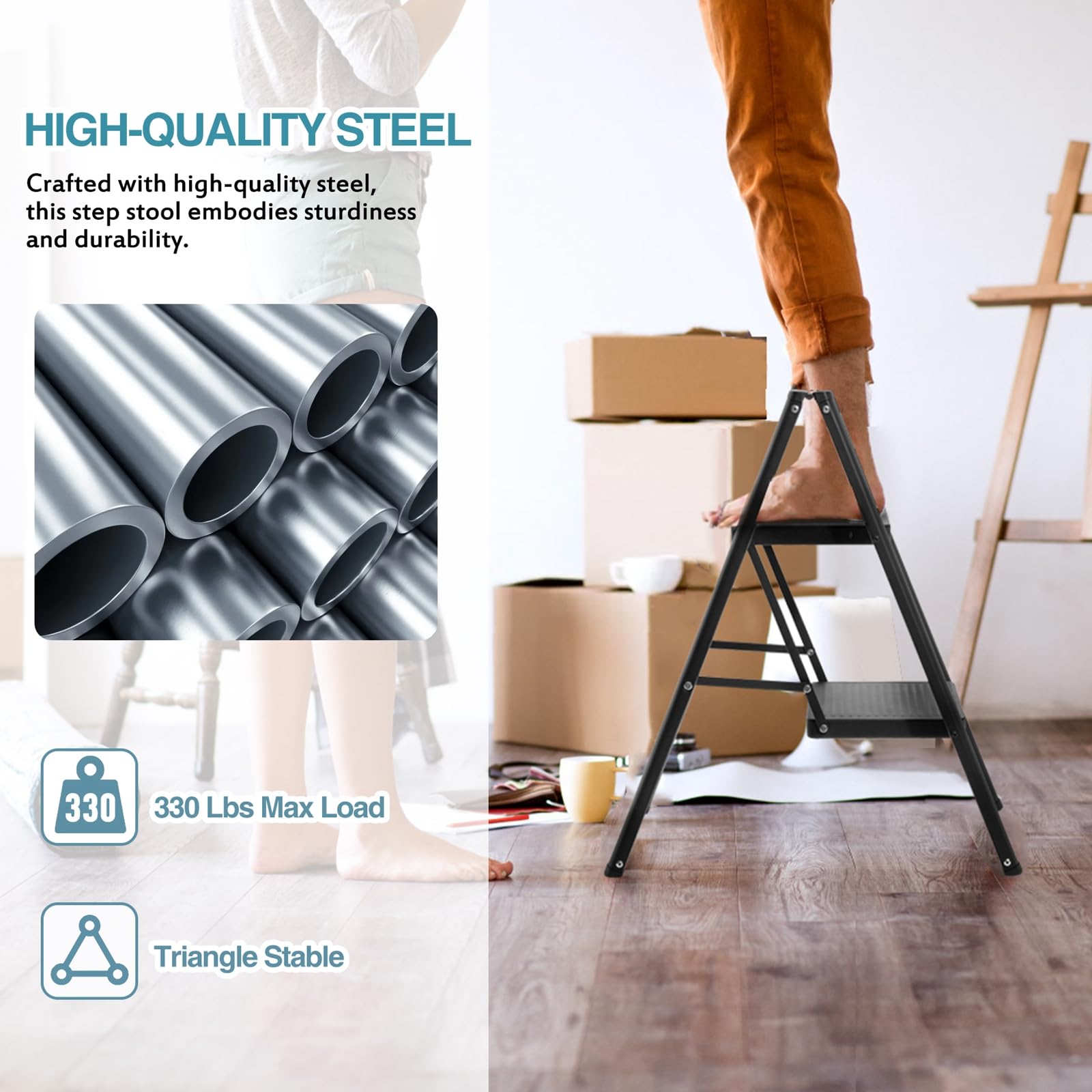 BOCOM 2-step ladder wide pedals ensure secure footing during tasks.
