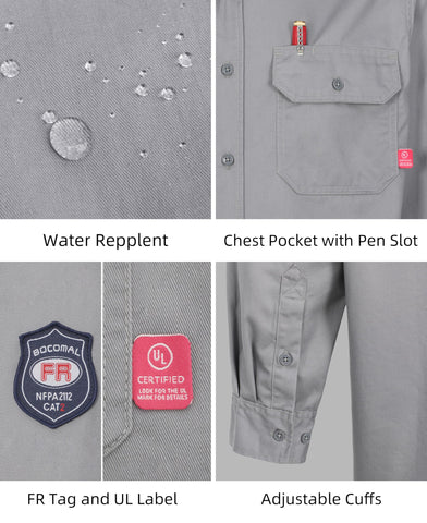 Close-up of collar on BOCOMAL FR shirt displaying durable FR details