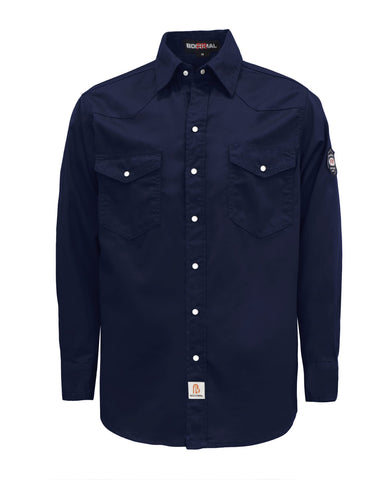 BOCOMAL FR shirt front view with durable snaps for welding tasks