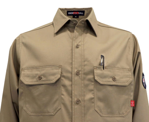 BOCOMAL FR shirt neck tag info highlights UL certification and safety data