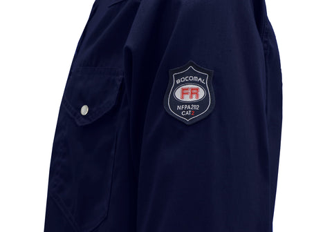 BOCOMAL FR shirt neck tag with FR treatment and certification details.