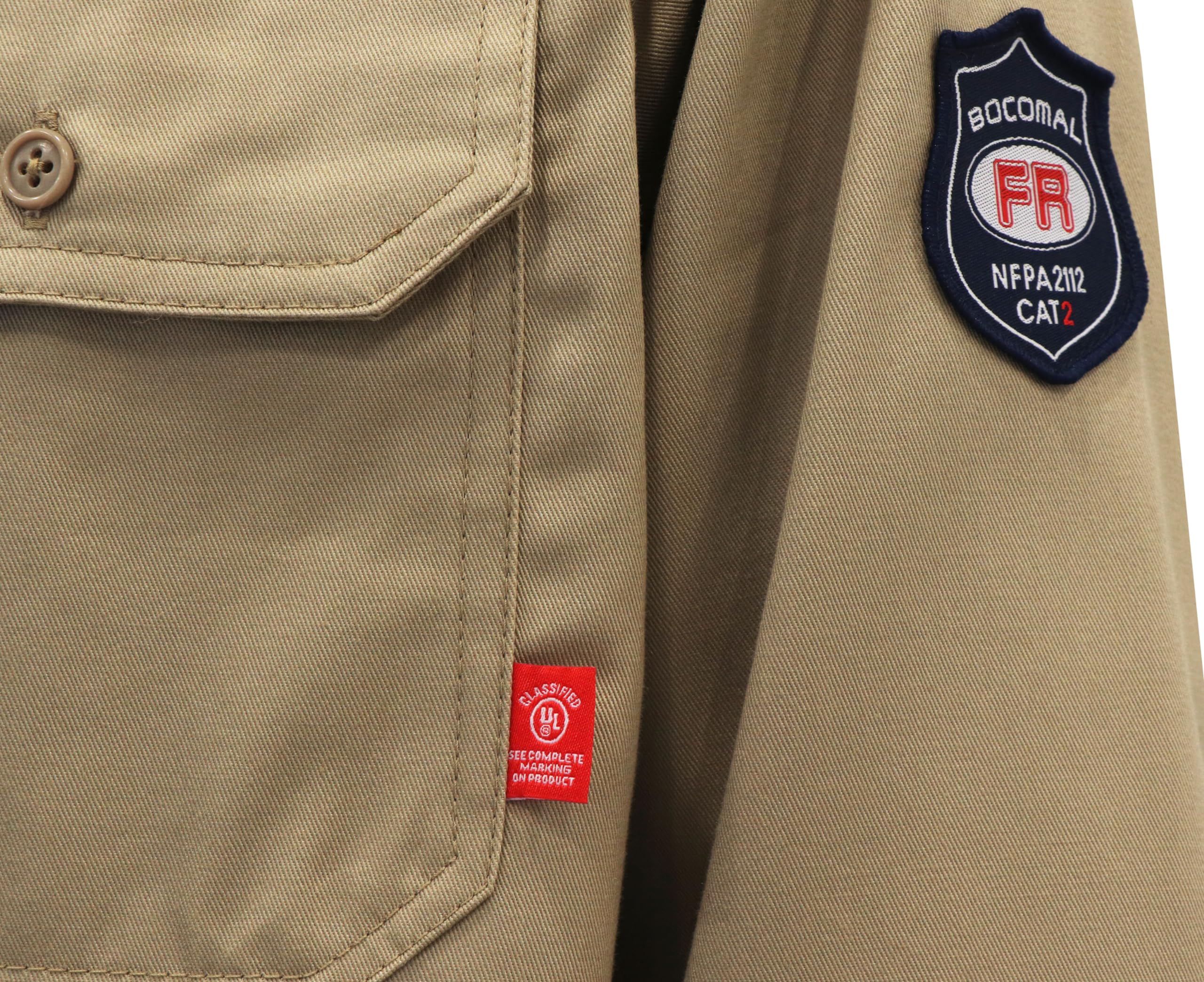BOCOMAL FR shirt sleeve tag indicates durable construction for daily wear