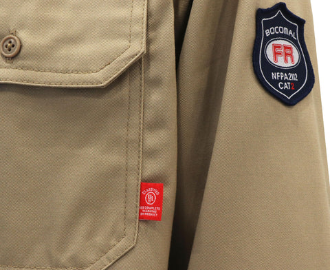 BOCOMAL FR shirt sleeve tag indicates durable construction for daily wear
