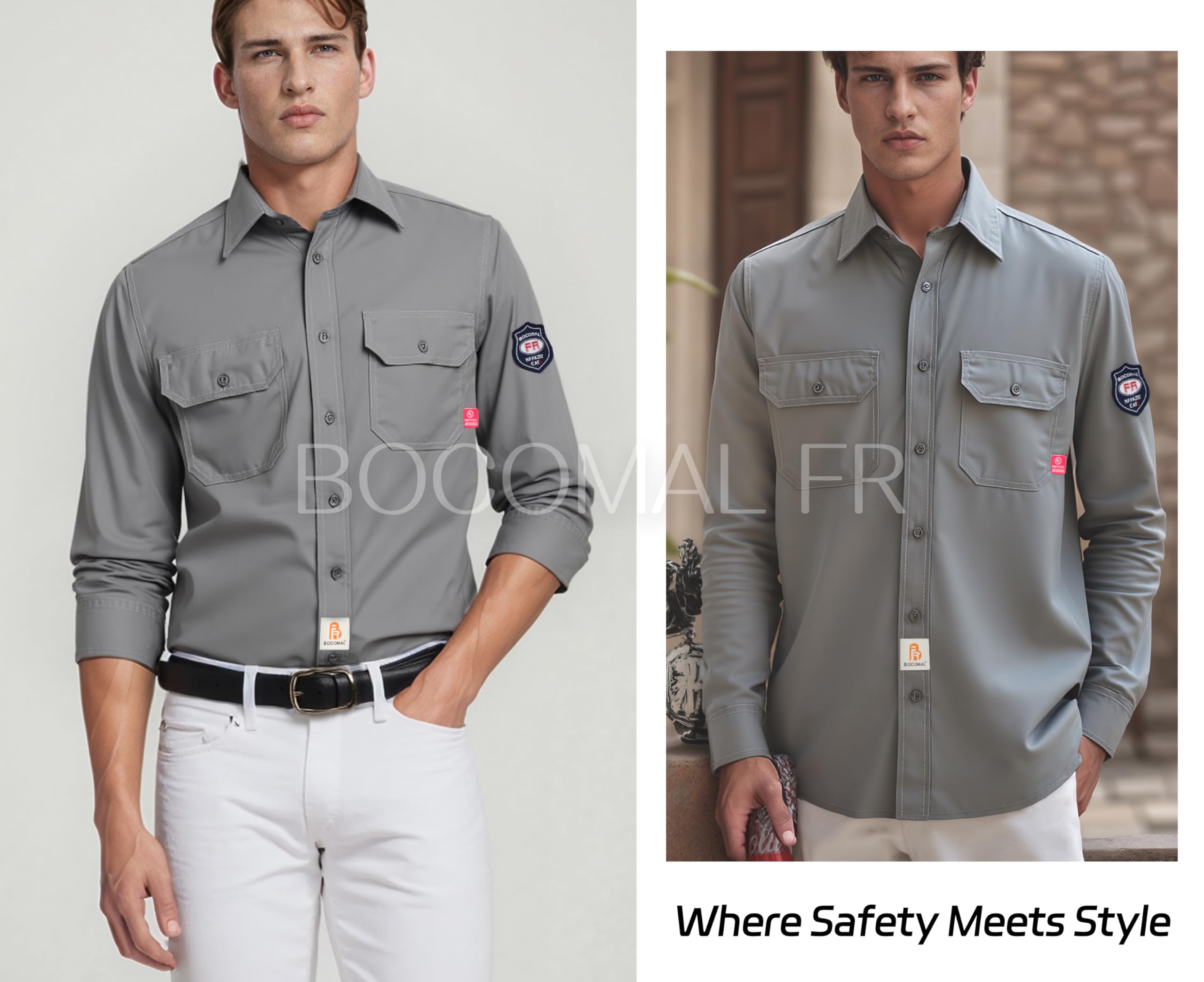 BOCOMAL FR Shirts close-up stitching and reinforced seams.