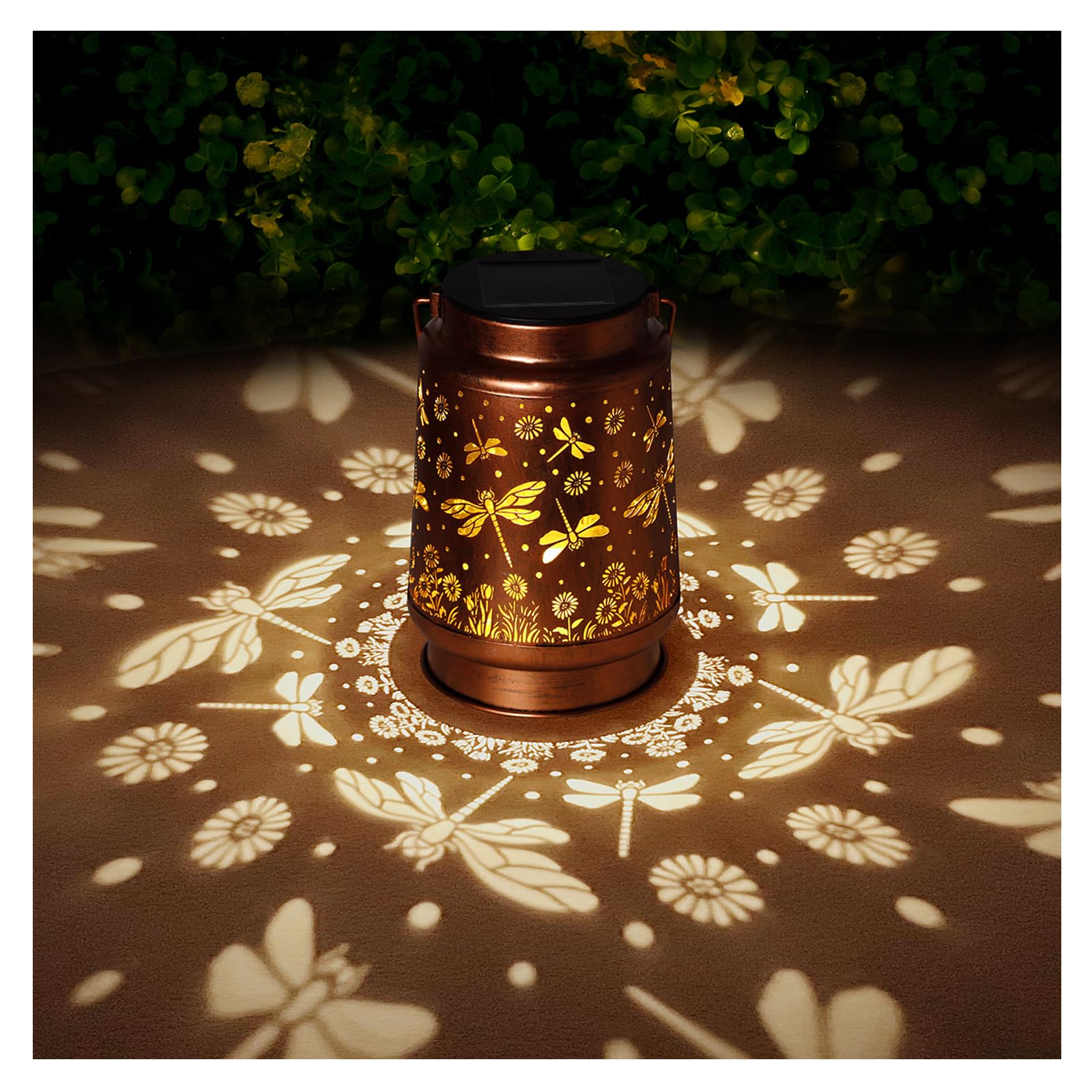 BODEVEDOB solar lantern with dragonfly hanging design illuminates a garden at night.