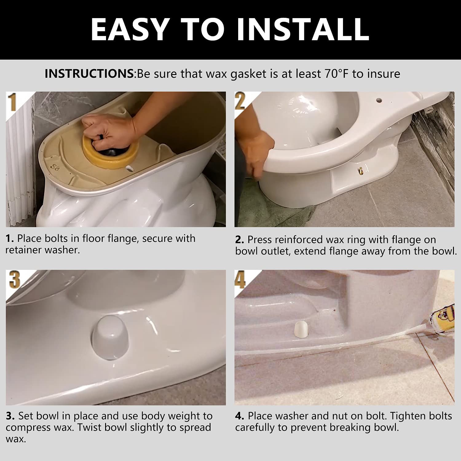 boeemi Wax ring installed on toilet outlet for reliable seal.