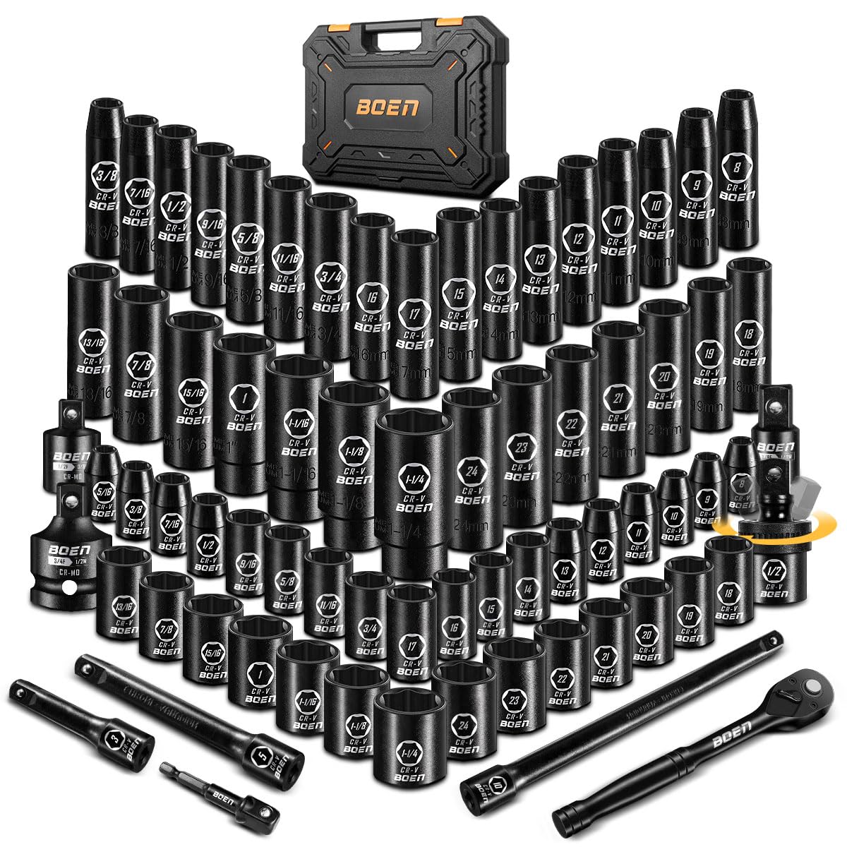BOEN 1/2-inch drive impact socket set in case for organized storage