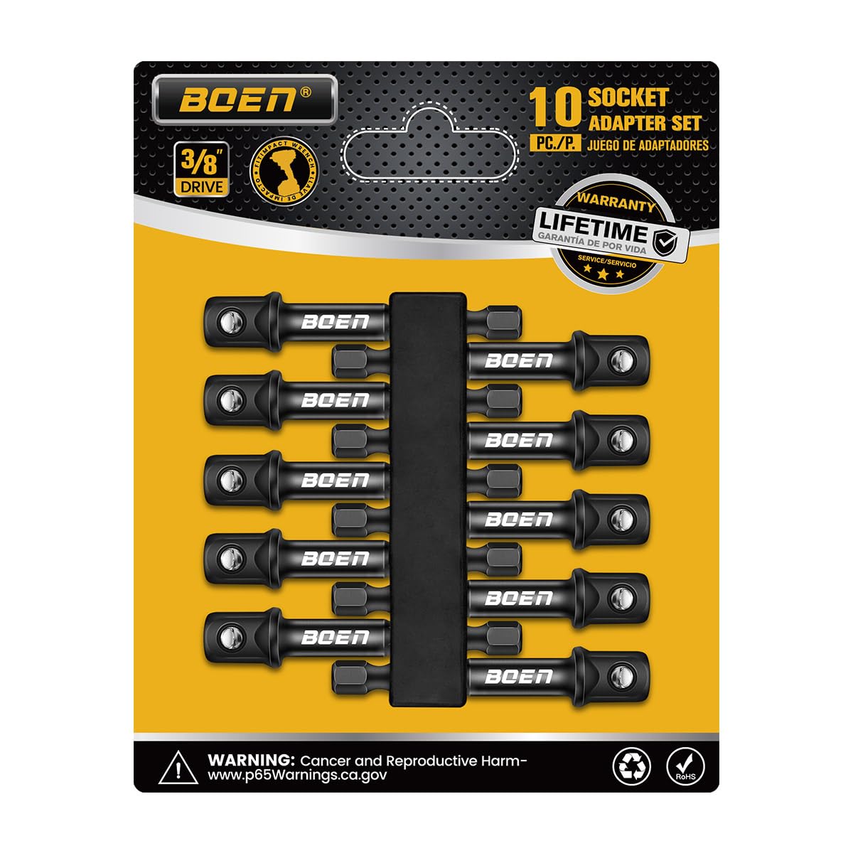 Boen 10-piece 3/8-inch drive socket adapters enable quick, secure connections for drills
