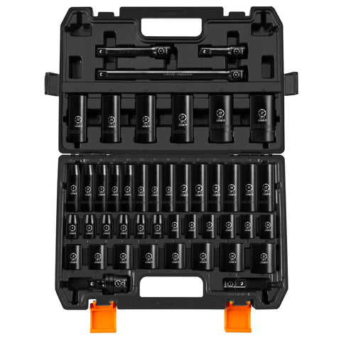 Boen 1/2-inch drive socket set with deep and shallow metric sizes for versatile automotive work.