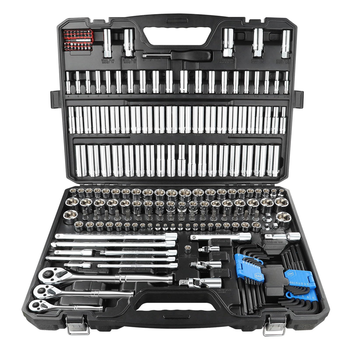 Boen 225pcs mechanic tool set in case for organized storage and quick access.